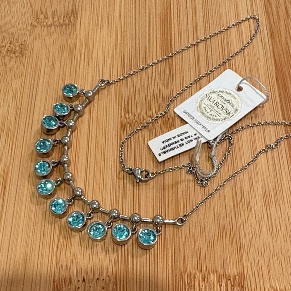 NWT Swarovski Silver Necklace with Aqua Crystals - Picture 2 of 8